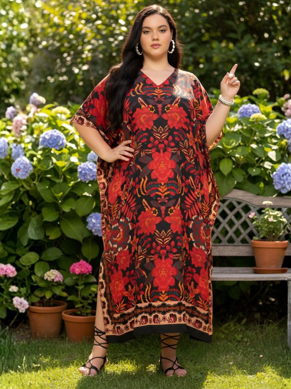 Red Floral Printed Polyester Caftan Dress Plus Size Loose Maxi Dresses for Women